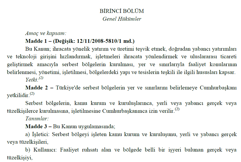 قانون منطقه آزاد ترکیه با زبان ترکی